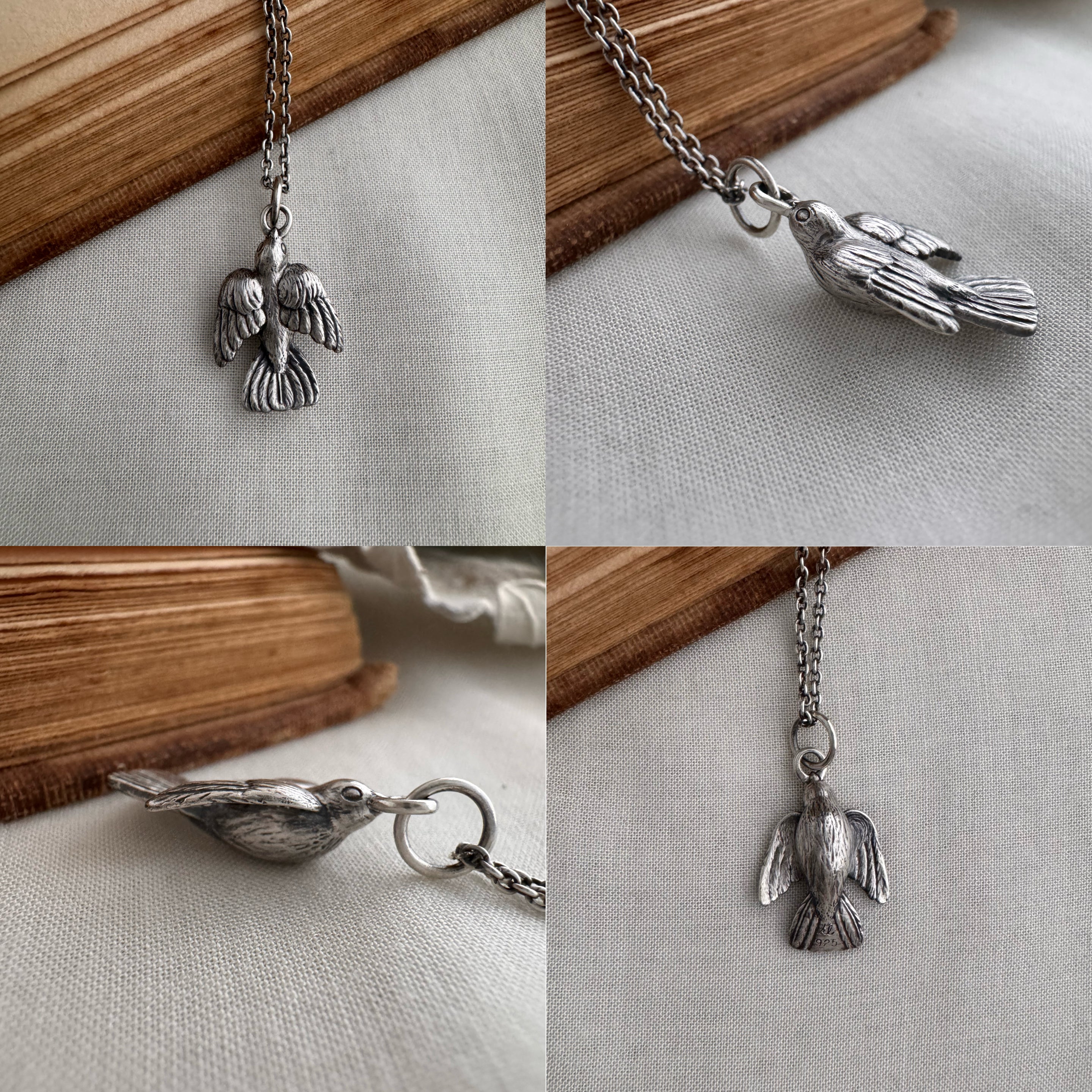 Collage of silver bird pendants on a chain against a neutral background. The  sparrow charm is shown from all angles, top, side view, and the belly of the bird.