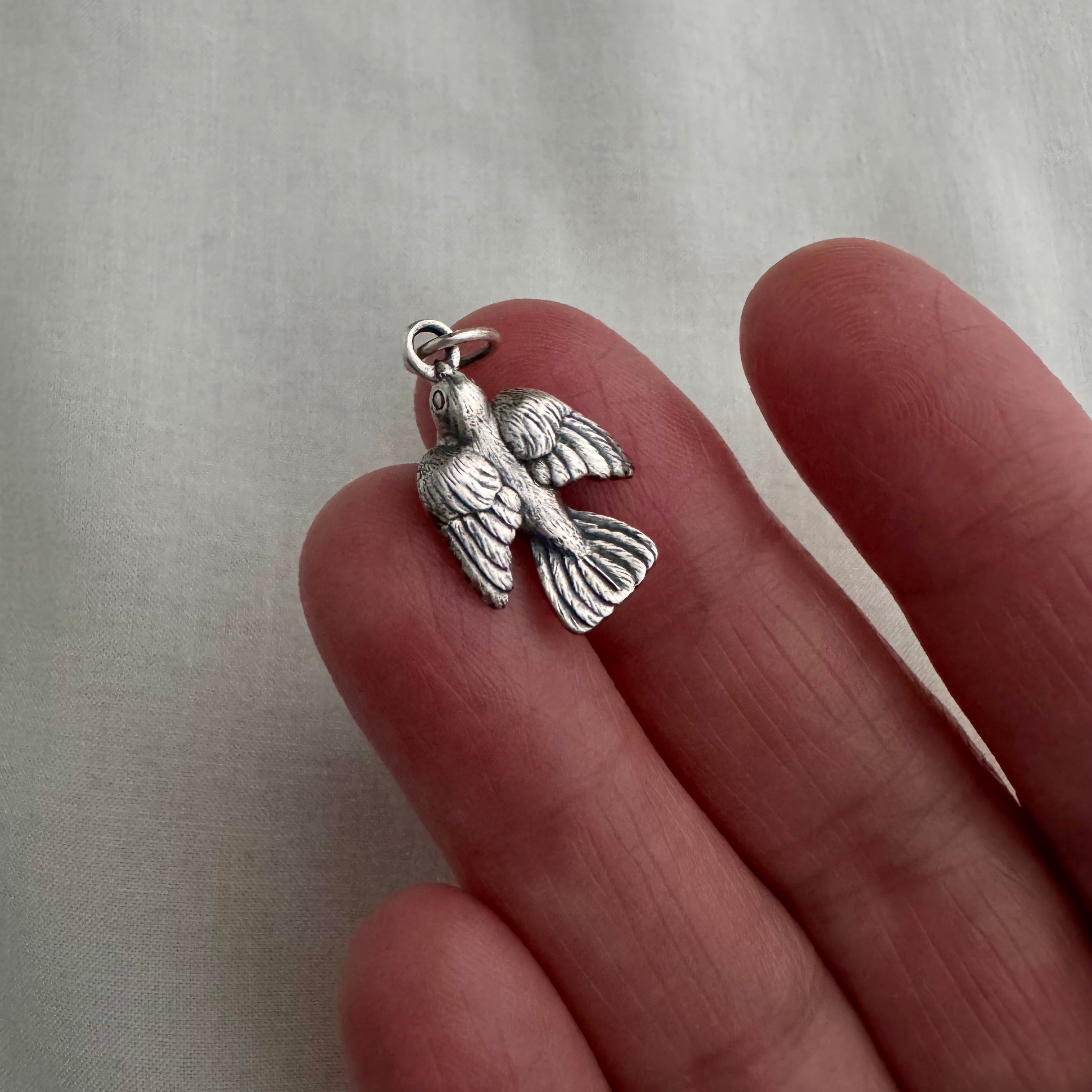 Silver bird-shaped charm held between fingers on a neutral background